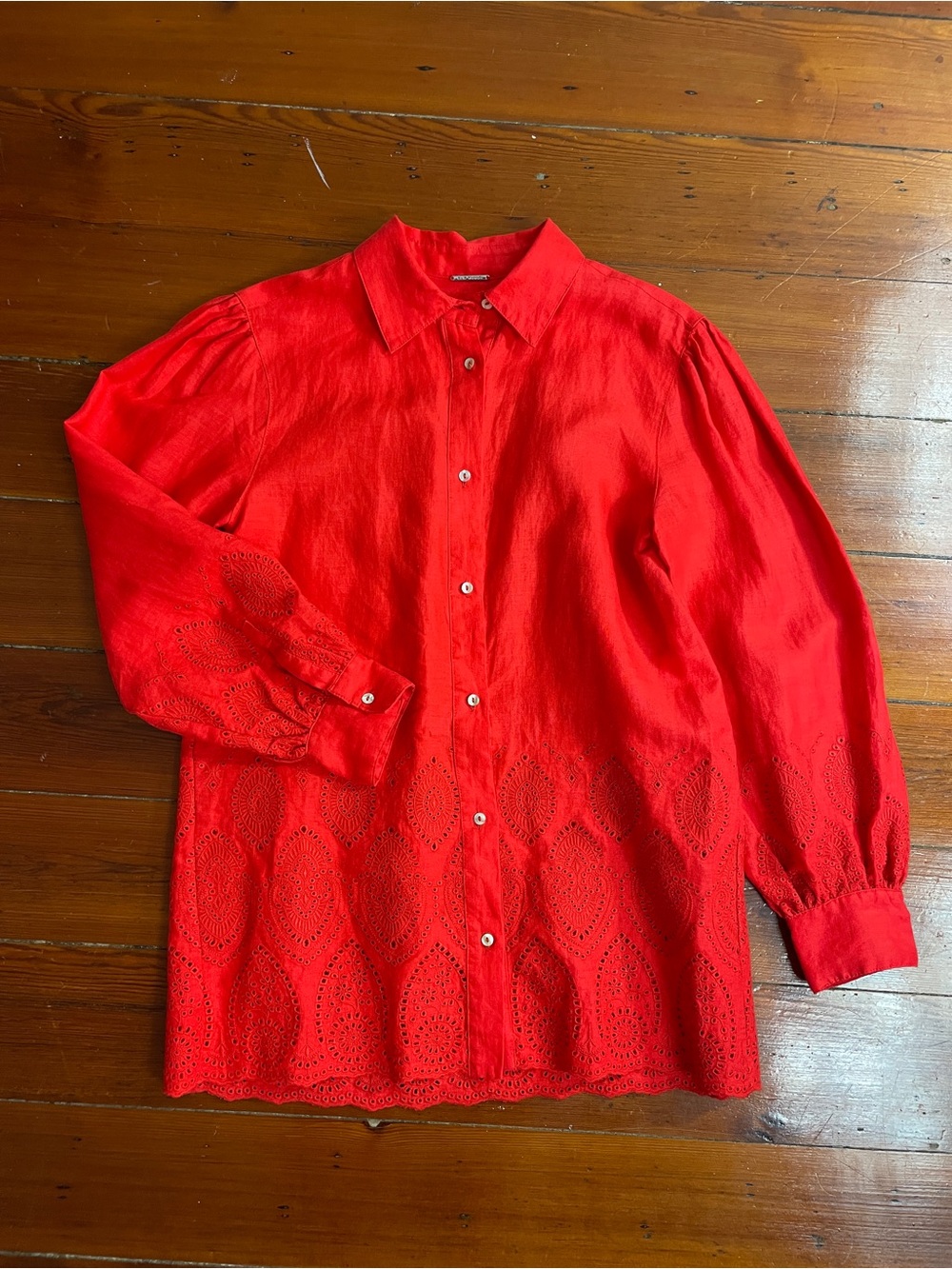 Elie Tahari 100% Linen Poppy Red Button-Up Eyelet Hem Puff Sleeve Top Sz S 💚🎀